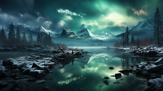 Big Snow Moutains Reflect on Frozon Lake Water Alps Foggy Aurora Background