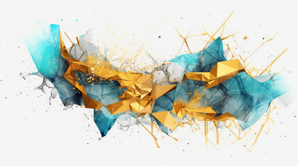 Obraz premium Mixed Abstract Art of Watercolor Blue and Gold Color Wavy and Curve Triangle Particles on White Background