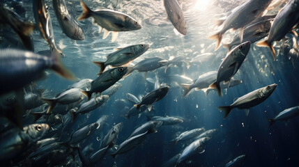 lot of small fish in the sea under water / fish colony, fishing, ocean wildlife scene - obrazy, fototapety, plakaty
