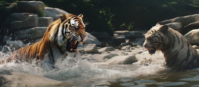 lions and tigers fight in the middle of river water flowing between rocks