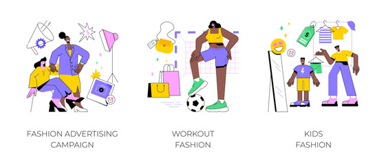 Fototapeta premium Fashion advertising campaign abstract concept vector illustration set. Plus size models, workout and kids fashion, body positive, sportswear brand, baby style, model agency abstract metaphor.