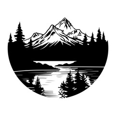 mountain icons set, hills, forest, wood, trees, rivers, lakes, nature landscape icons, travel mountain lake forest silhouette, 