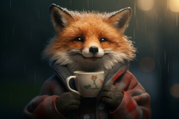 adorable fox holding a hot beverage. Generative AI