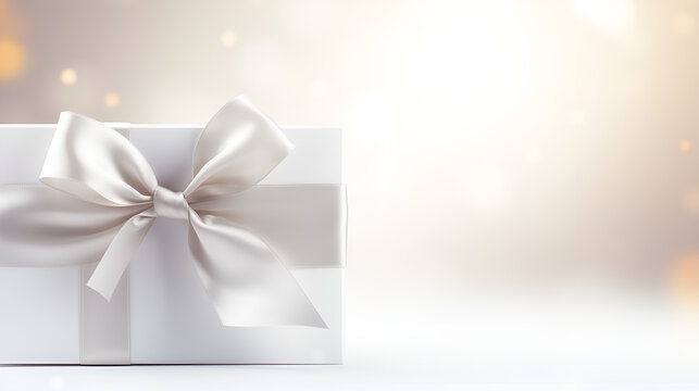 Gift Wrapping with white silver Paper with a beautiful silver bow with copy space ai generative Mockup
