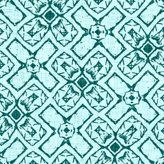 Teal blue white vibrant watercolor batik azulejos tile border banner background. Seamless coastal blur linen effect geometric mosaic effect. Patchwork nautical masculine summer ribbon trim. 