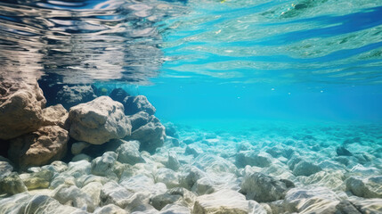 Naklejka na ściany i meble ropical blue ocean with white sand and stones underwater in Hawaii. Ocean background