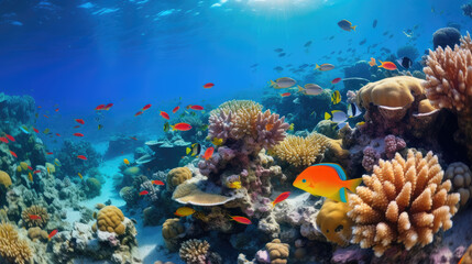 Naklejka na ściany i meble Underwater world. Coral reef and fishes in Red sea at Egypt