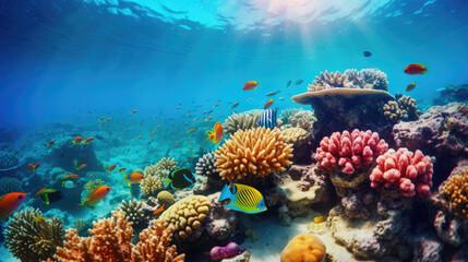 Fototapeta na wymiar Underwater world. Coral reef and fishes in Red sea at Egypt