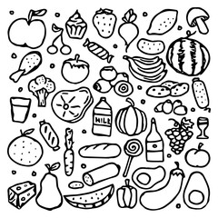 Drawn food background. Doodle food icons