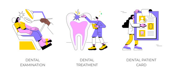 Dental care service abstract concept vector illustration set. Dental examination and treatment, patient card, oral test, dentist chair, toothache emergency help, orthodontic abstract metaphor.