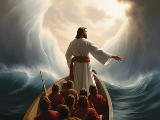 Foto op Canvas Jesus Christ on the boat calms the storm at sea. © ZayNyi