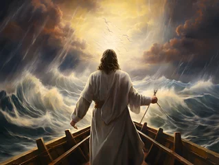 Fotobehang Jesus Christ on the boat calms the storm at sea. © ZayNyi