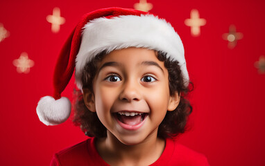 Chico con expresión sorprendida y gorro de Papa Noel sobre fondo rojo. Copy space. 