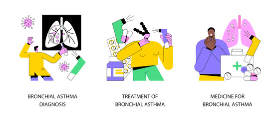 Respiratory illness abstract concept vector illustration set. Bronchial asthma diagnosis, treatment and medicine, shortness of breath, breathing attack, allergy cough, healthcare abstract metaphor. - obrazy, fototapety, plakaty