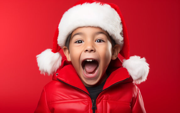Chico con expresi&oacute;n sorprendida y gorro de Papa Noel sobre fondo rojo. Copy space. 