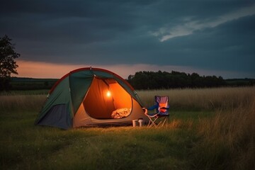 Evening camping tent with light and furniture in a field background. Generative AI