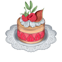 Cake with strawberry, raspberry and fig. Vintage hand painting. Pastel colours.