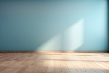 empty room light blue wall and wooden floor ,Empty showcase for product presentation