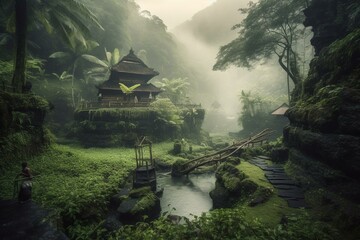A mysterious scenery: a surreal depiction of Bali's intriguing nature. Generative AI - obrazy, fototapety, plakaty