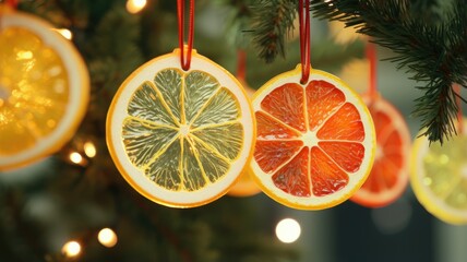on individual citrus slice ornaments hanging from a Christmas tree. the translucency of the dried fruit slices as they catch the holiday lights. - Powered by Adobe