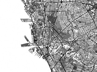 Greyscale vector city map of  Manila in the Philippines with with water, fields and parks, and roads on a white background.