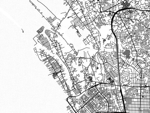 Greyscale vector city map of  Navotas in the Philippines with with water, fields and parks, and roads on a white background.