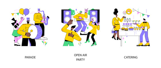 Mass event abstract concept vector illustration set. Parade and open air party, catering, fresh restaurant cooked food, summer music festival, live performance, holiday celebration abstract metaphor.