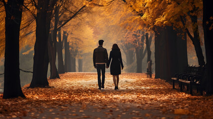 A couple in love walks in the autumn park - obrazy, fototapety, plakaty