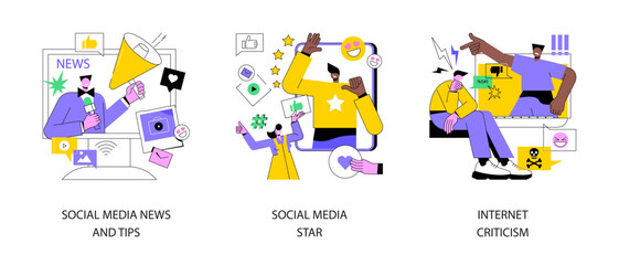 Digital content abstract concept vector illustration set. Social media news and tips, influencer, internet criticism, personal blog, hate speech, comments and share, fake profile abstract metaphor.