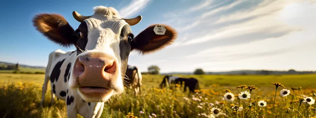 Gordijnen Banner spotted brown cow looks out at the camera on a green meadow with flowers under a blue sky on a sunny summer day. Copy space. Organic dairy product concept © Tetiana