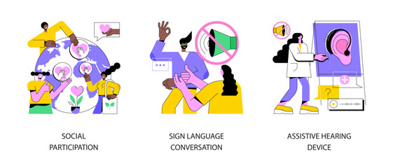 Social engagement abstract concept vector illustration set. Social participation, sign language conversation, assistive hearing device, hand alphabet, deaf people, gesture language abstract metaphor.