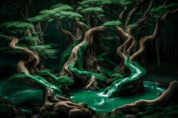 Create a visual masterpiece of a mythical forest, where the trees are made of intertwining jade and malachite