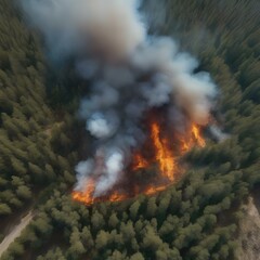 A satellite image of a wildfire spreading rapidly through a forest, releasing plumes of smoke2