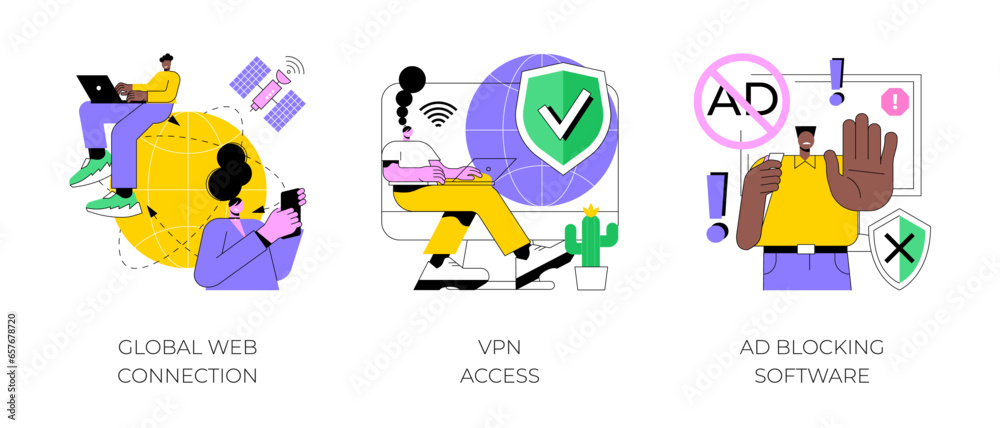Poster network access abstract concept vector illustration set. global web connection, vpn access, ad block