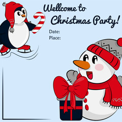 Christmas invitation with cute characters. Vector illustration