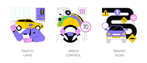Vehicle movement regulation abstract concept vector illustration set. Traffic laws, speed control, traffic signs, driving license, road safety, police radar, speed limit, transport abstract metaphor. - obrazy, fototapety, plakaty