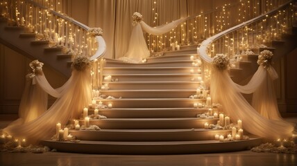 a staircase wrapped in delicate string lights that cast a warm and inviting glow. subtle and minimalist decor elements, such as a few well-placed bows or ribbons.