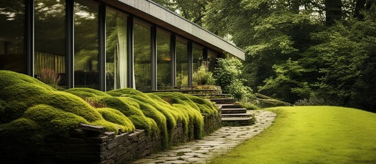 Modern house with green moss walls next to a beautiful garden - obrazy, fototapety, plakaty