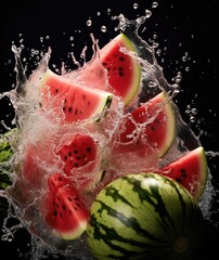 Watermelon fruits falling into the water, splashing