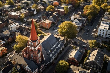 An aerial perspective of Church Street in Burlington, Vermont. Generative AI
