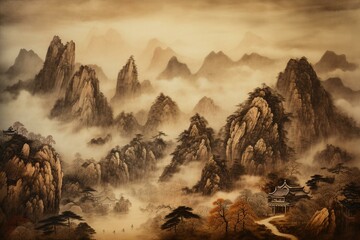 Traditional Chinese artwork depicting majestic mountains and ethereal clouds. Generative AI - obrazy, fototapety, plakaty