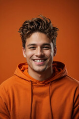 Obraz premium Vertical portrait of a happy young Caucasian man, smiling and laughing, dressed in comfortable clothes and orange sweatshirt for clothing sale mockup and print on demand. orange background