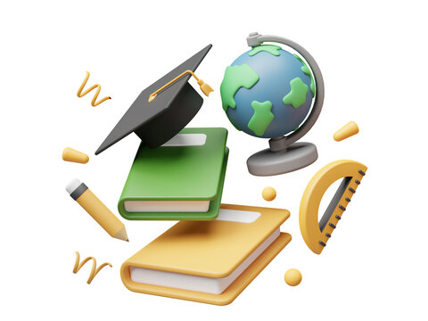 3d floating book, graduation cap, globe, ruler and pencil, graduation, school and education illustration
