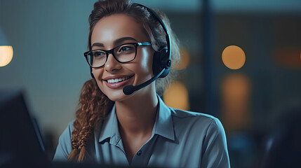 Call center women smiled working and providing service with courtesy and attention front of laptop, Female operator giving advice to customer. Generative Ai