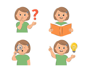 Girl kid thinks, reads a textbook, looks through a magnifying glass, finds an answer or an idea. Knowledge and education concept. Set of vector illustrations for children's design or school.