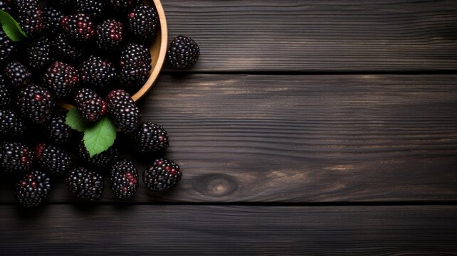 Fresh Organic Blackberry Berry Photorealistic Horizontal Background. Healthy Vegetarian Diet. Ai Generated Background with Delicious Juicy Blackberry Berry On Wooden Countertop with Copy Space.