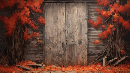 fall leaves on a wooden door in the style of post.Generative AI