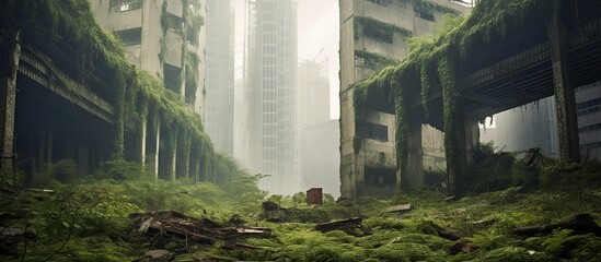 moss-covered skyscrapers lie abandoned within the city - obrazy, fototapety, plakaty