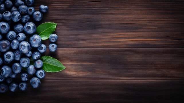 Fresh Organic Blueberry Berry Photorealistic Horizontal Background. Healthy Vegetarian Diet. Ai Generated Background with Delicious Juicy Blueberry Berry On Wooden Countertop with Copy Space.