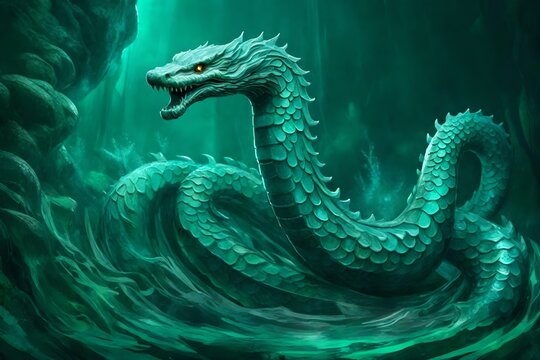 Generate an image of a mythical sea serpent, carved from lustrous aquamarine, emerging from the depths of an emerald sea